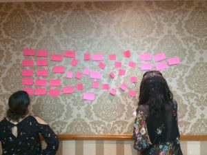 Två kvinnor står vända mot en tavla med post-it-lappar